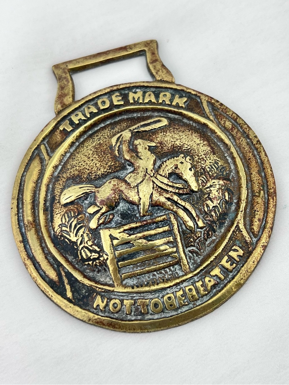 Brass Horse Medallion Antique English Rider Fence Jump Hunt Brewery Show Harness